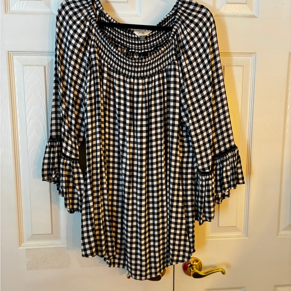 Terra & Sky Checkered Blouse with Ruffle Sleeves